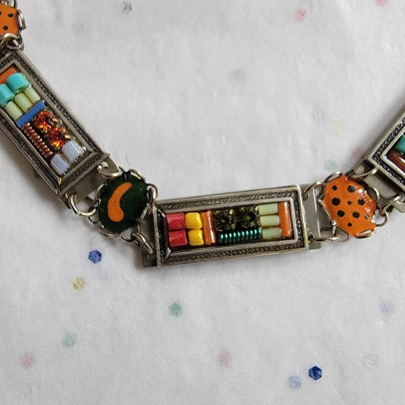 ADAYA MULTICOLOR RECTANGULAR LINKS MOSAIC STYLE BEADS BRACELET SILVER TONE NEW - Picture 2 of 5
